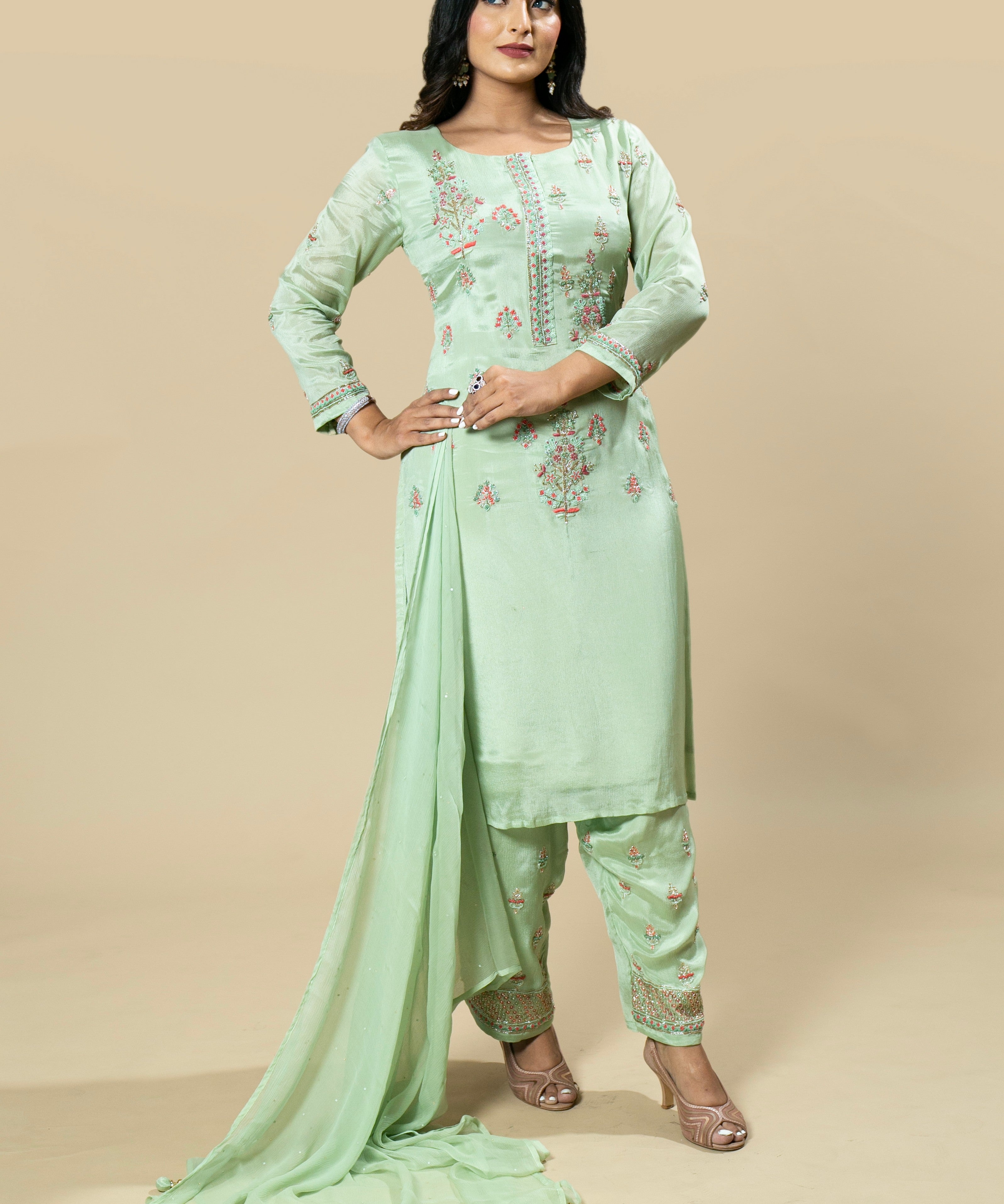 Lime Green Hand Embroidered Chinnon Designer Suit with Chiffon Dupatta