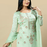 Lime Green Hand Embroidered Chinnon Designer Suit with Chiffon Dupatta