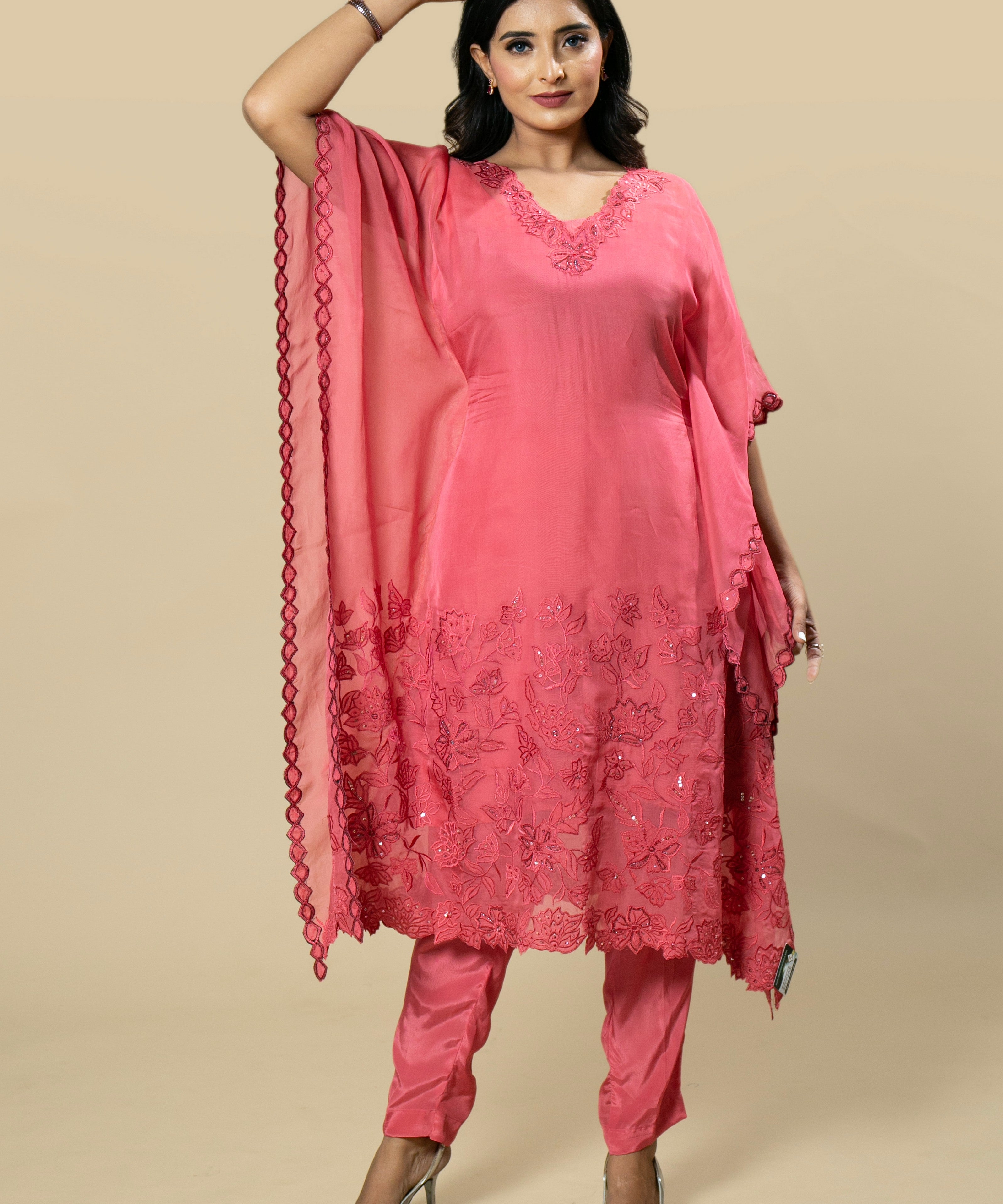 Gajri Pink Georgette Organza Handcrafted Applique kaftan Set with Crystal