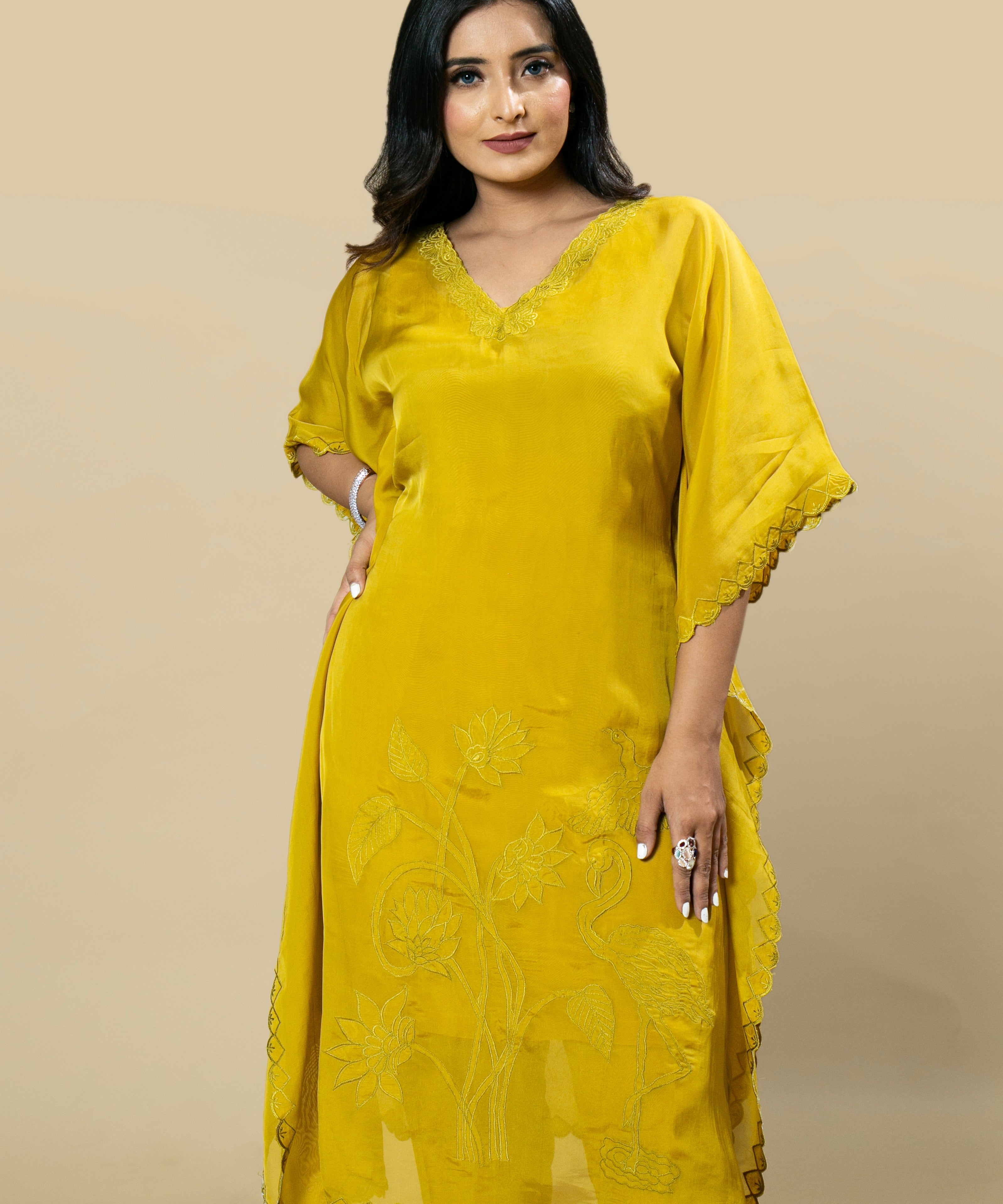 Sunflower Yellow Georgette Organza Handcrafted Applique Kaftan Set