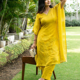 Sunflower Yellow Georgette Organza Handcrafted Applique Kaftan Set