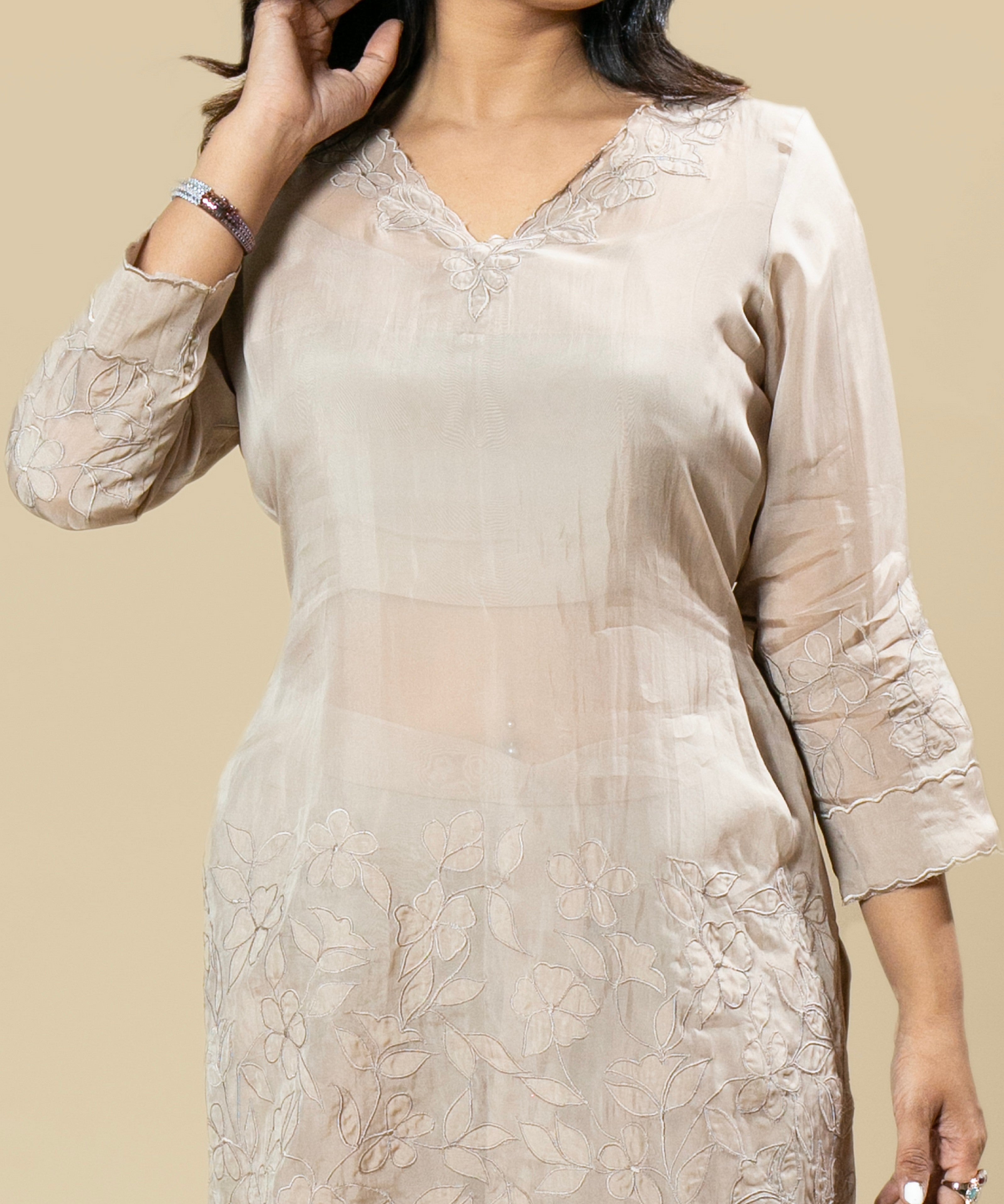 Beige Georgette Organza Handcrafted Applique Coord Set