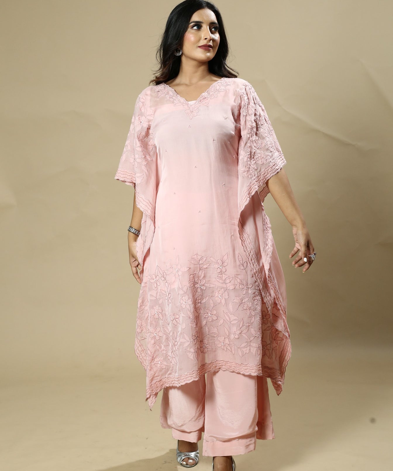Pink Georgette Organza Handcrafted Pearl and Applique Kaftan Set.