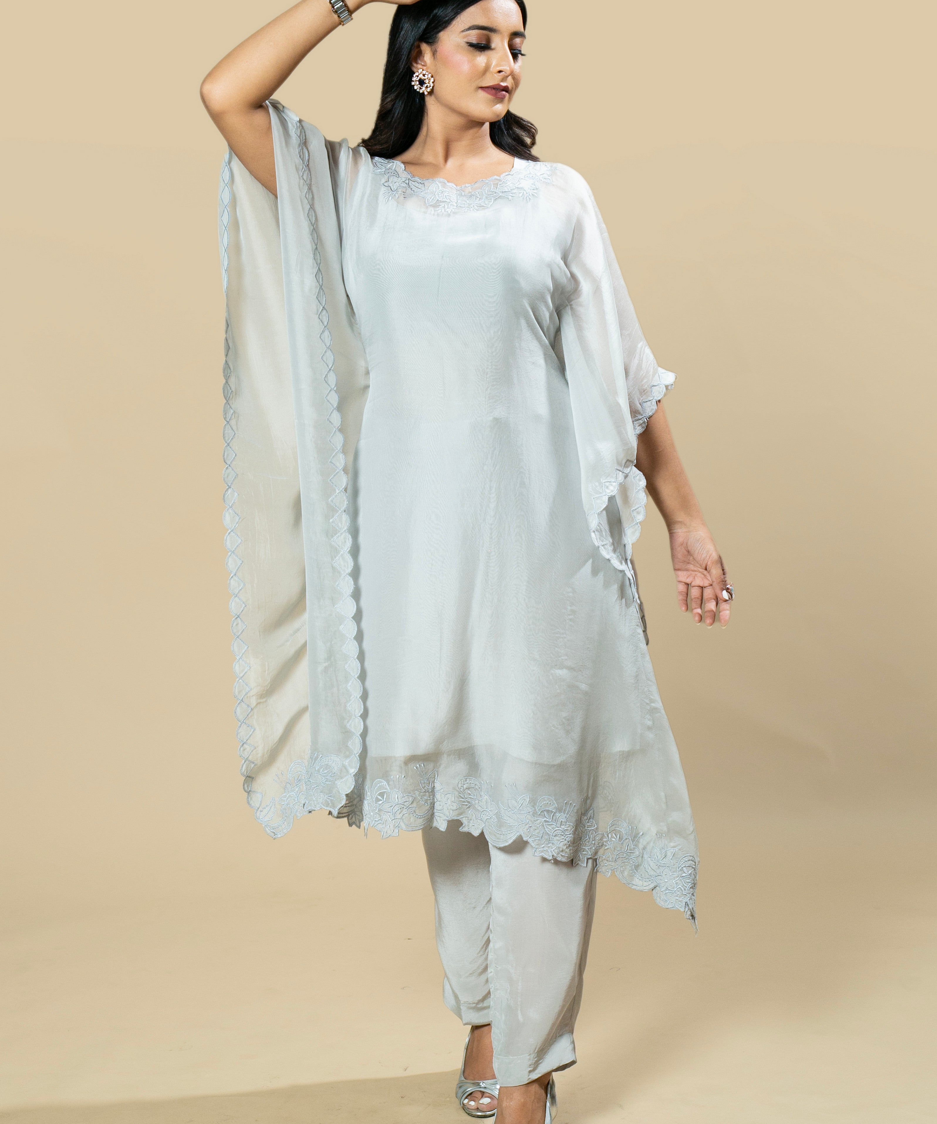 Grey Georgette Organza Handcrafted Applique Kaftan Set