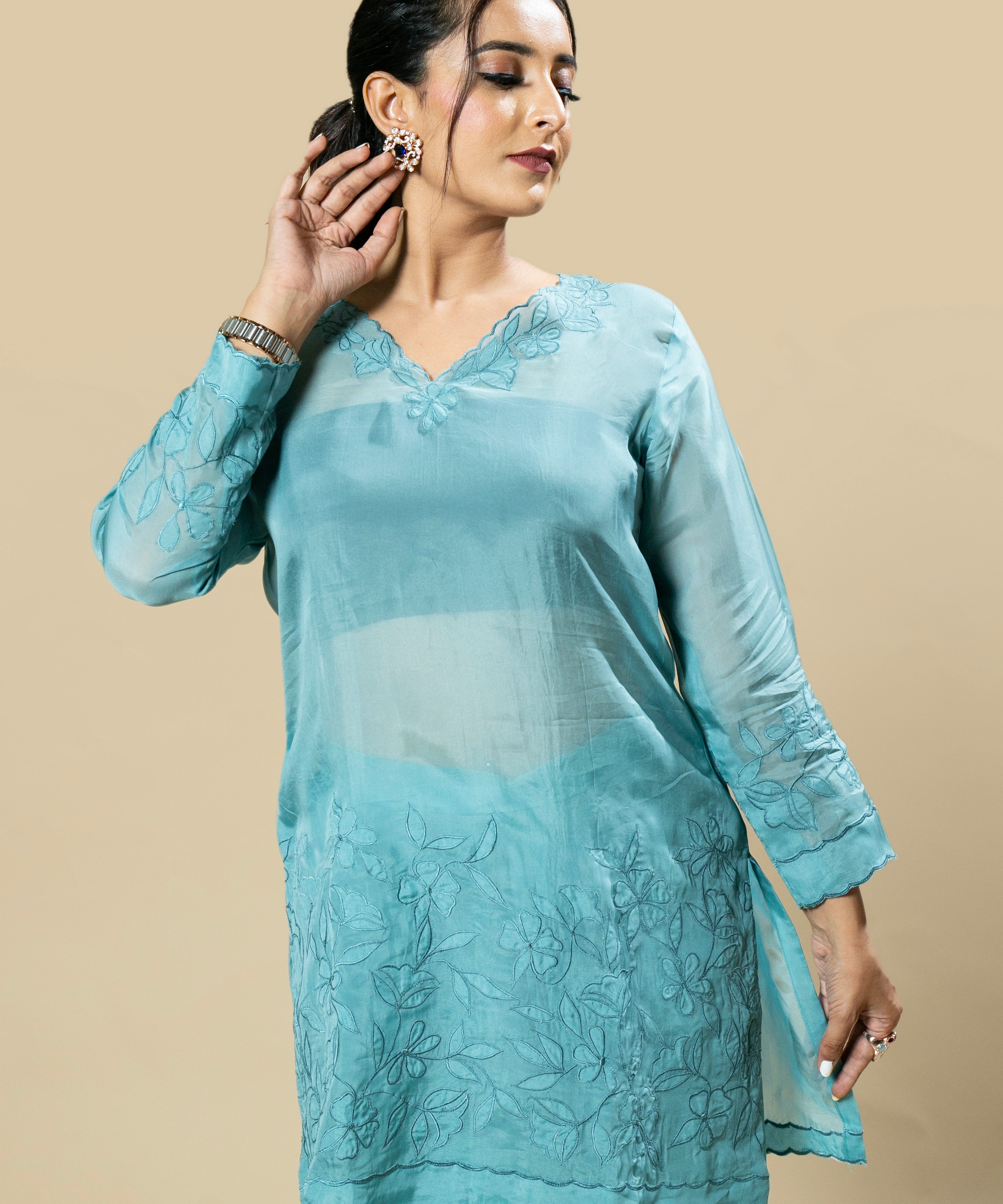 blue Georgette Organza Handcrafted Applique Kaftan Set