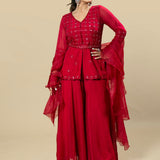 Red Georgette Organza Hand Embroidered Peplum Dress Set