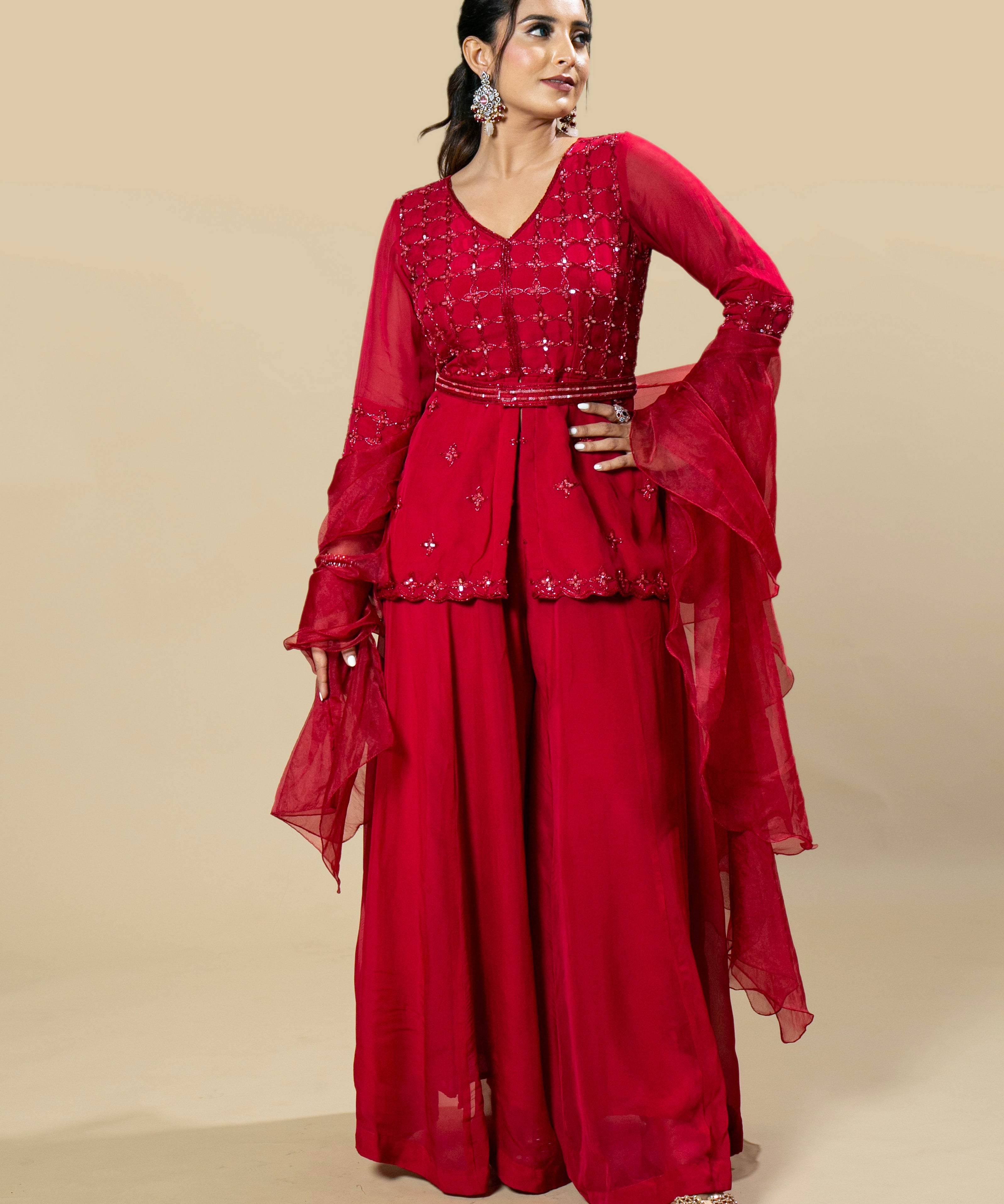 Red Georgette Organza Hand Embroidered Peplum Dress Set
