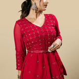 Red Georgette Organza Hand Embroidered Peplum Dress Set