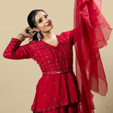 Red Georgette Organza Hand Embroidered Peplum Dress Set