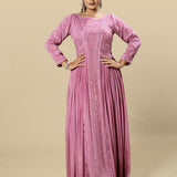 Pink Chinnon Hand Embroidered Mirror Work Flared Anarkali Set