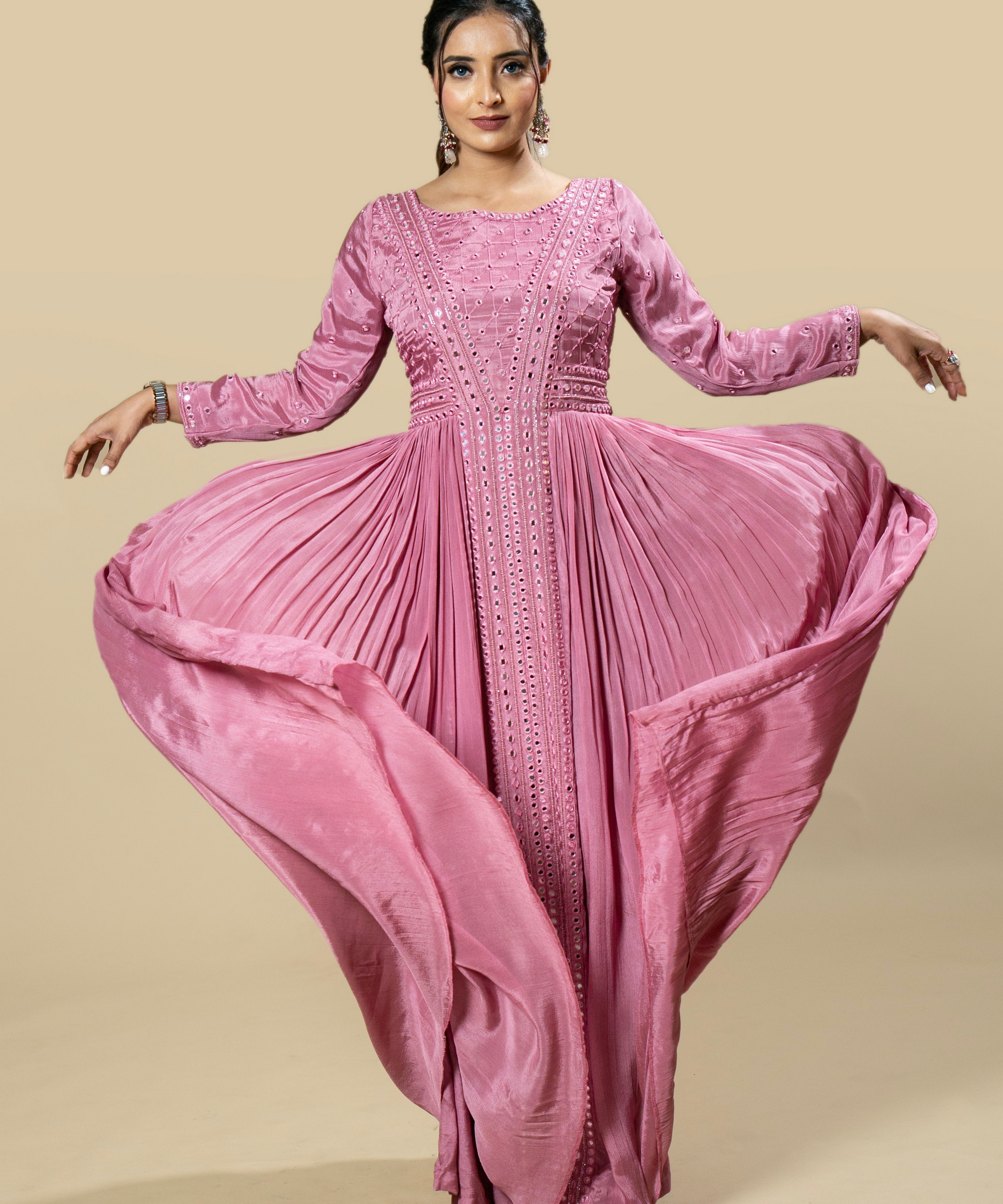 Pink Chinnon Hand Embroidered Mirror Work Flared Anarkali Set
