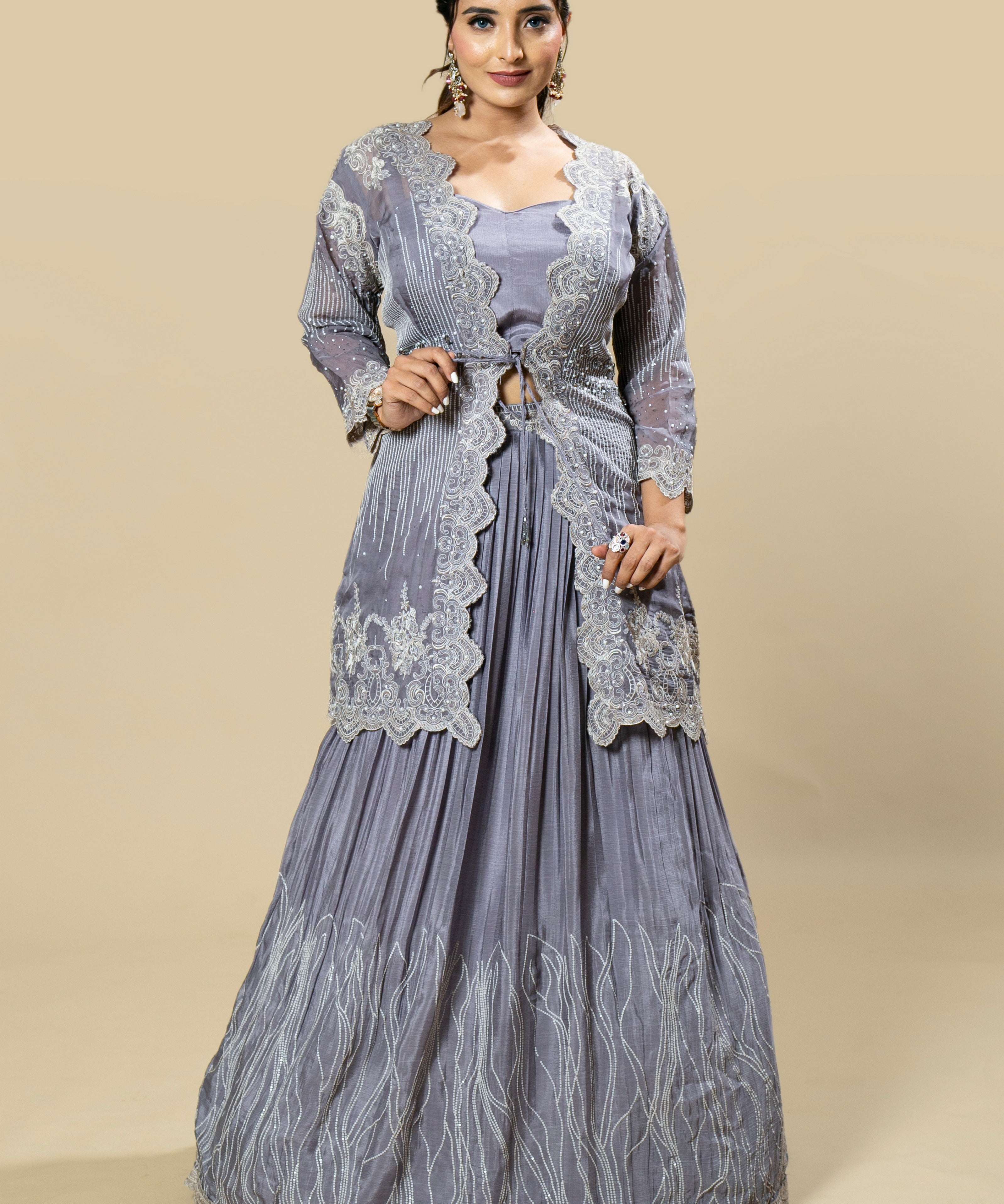 Lilac Embroidered Crepe Cape and Skirt Set
