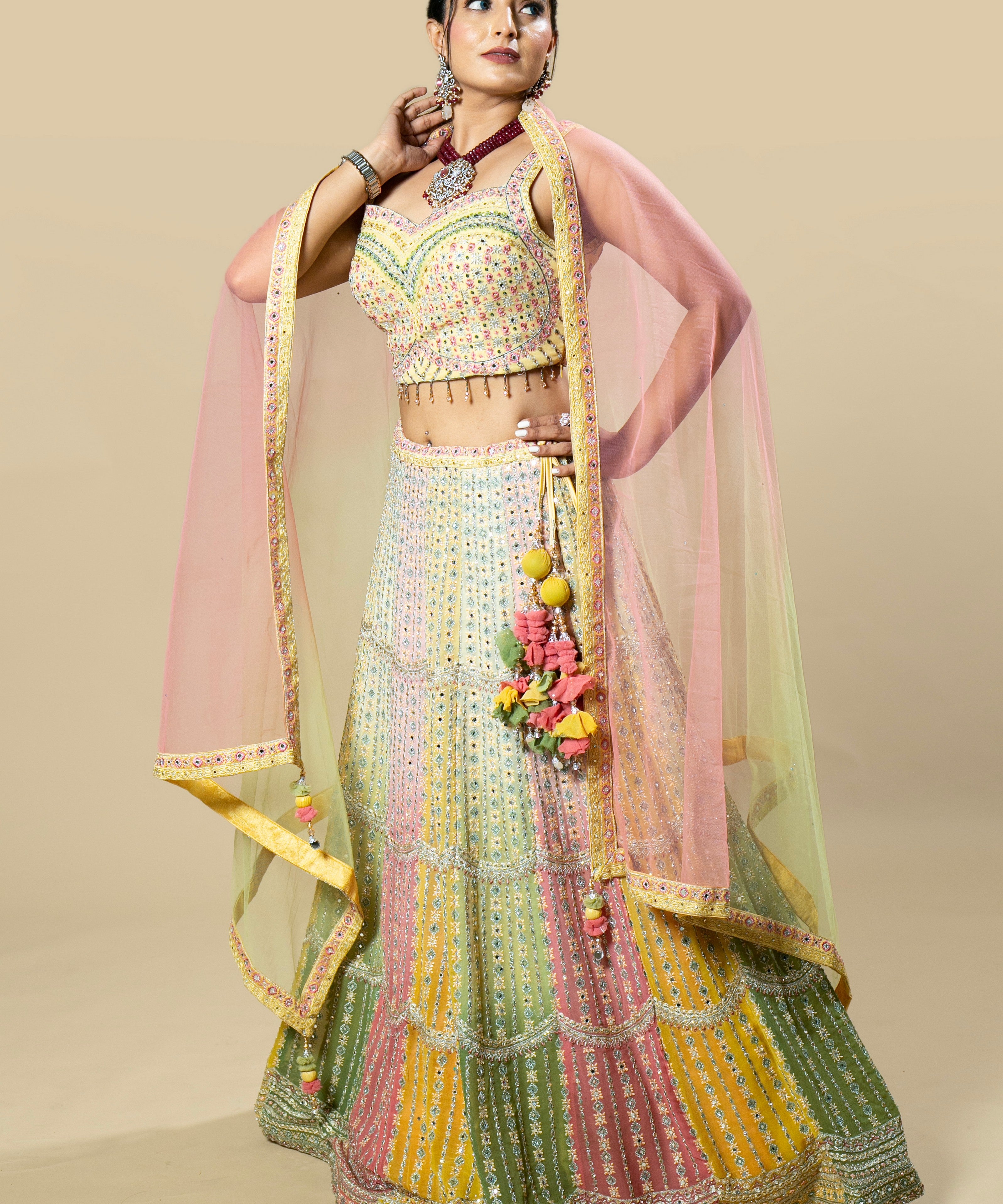 Multi-Colored Embroidered Georgette Blouse and Skirt Set with Pink Net Dupatta