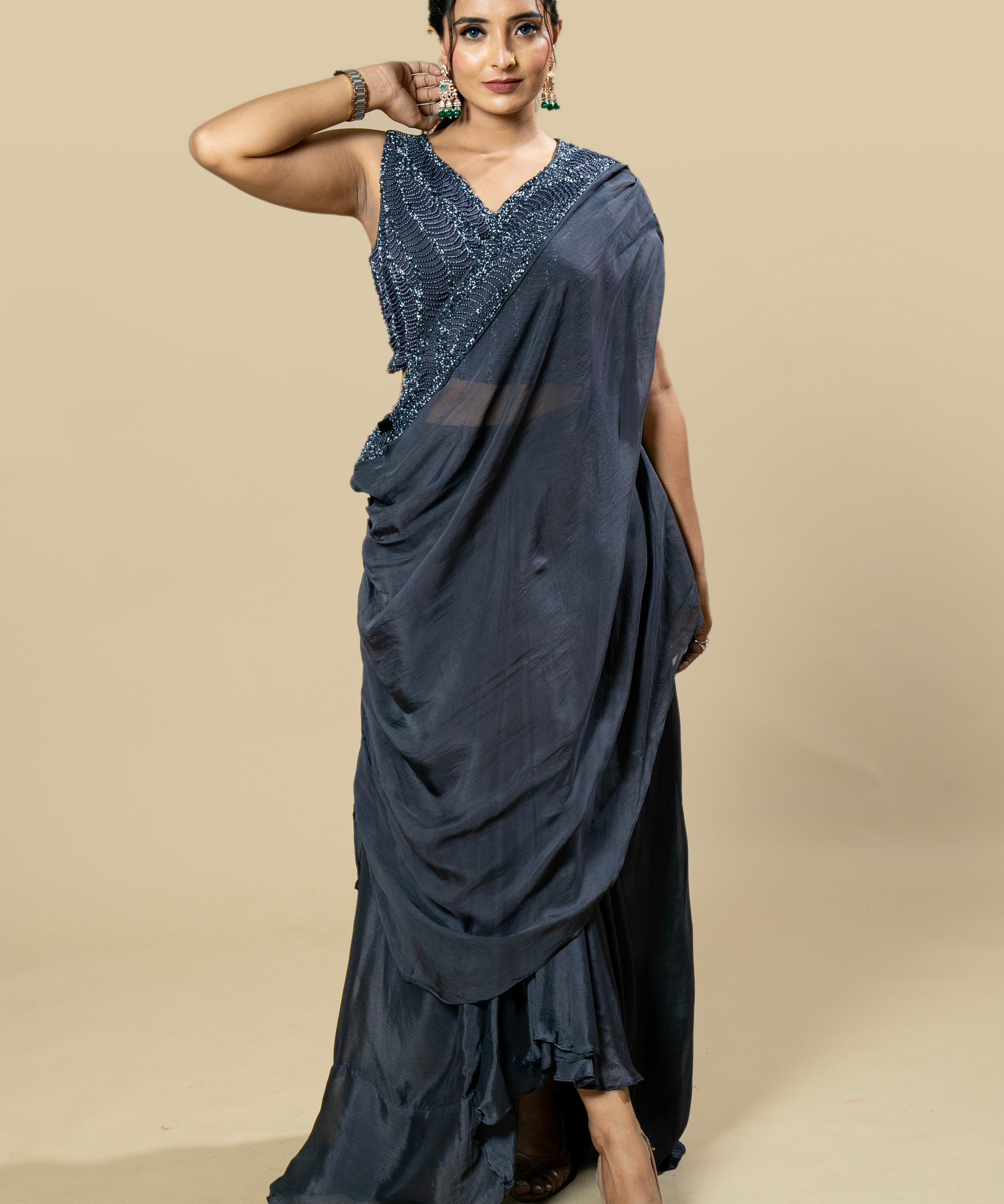 Hand Embroidered Chinnon Georgette Blouse and Pleated Skirt Set with Organza Cape