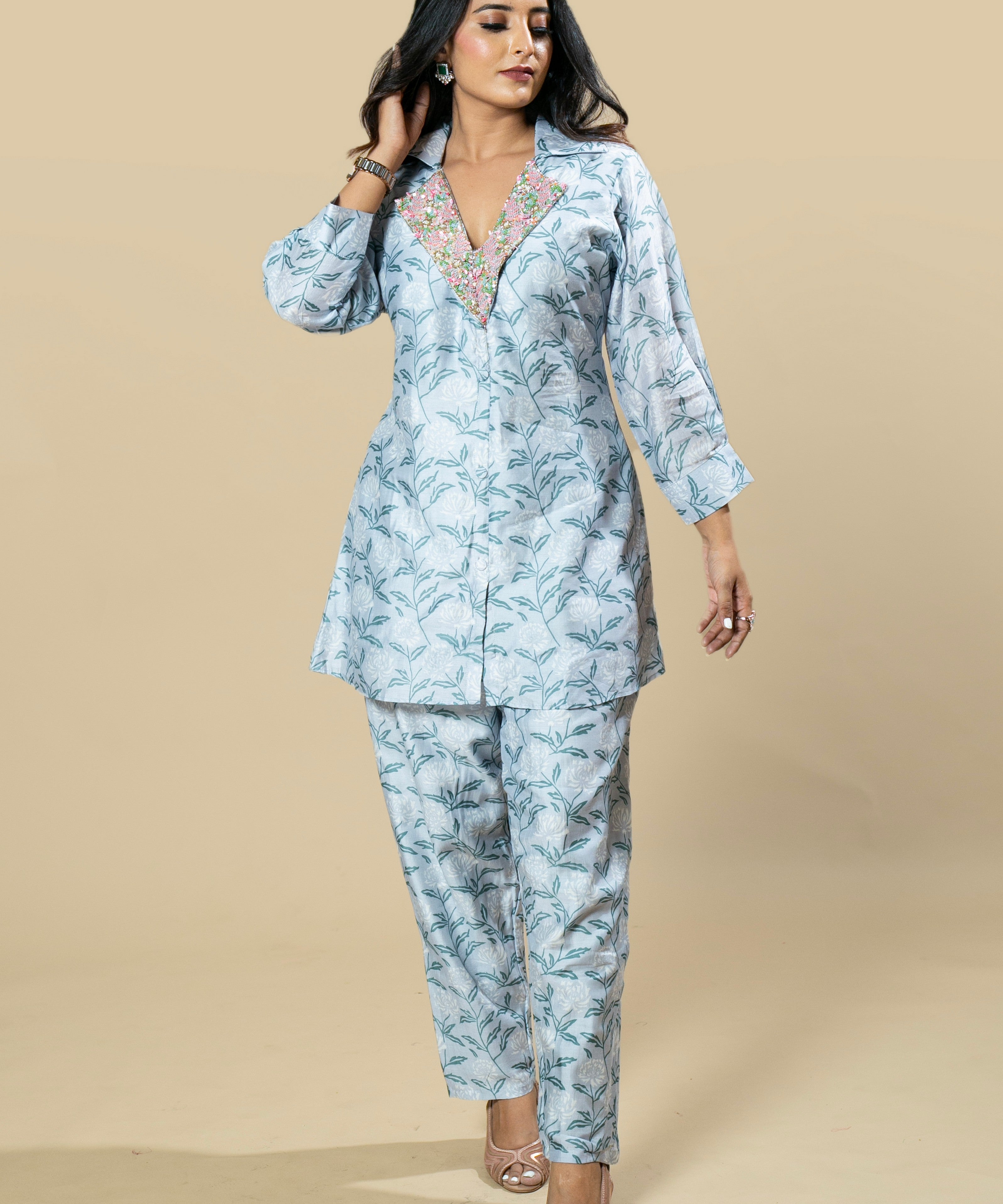 Ice blue Hand-Embroidered Abstract Print Muslin Coord Set