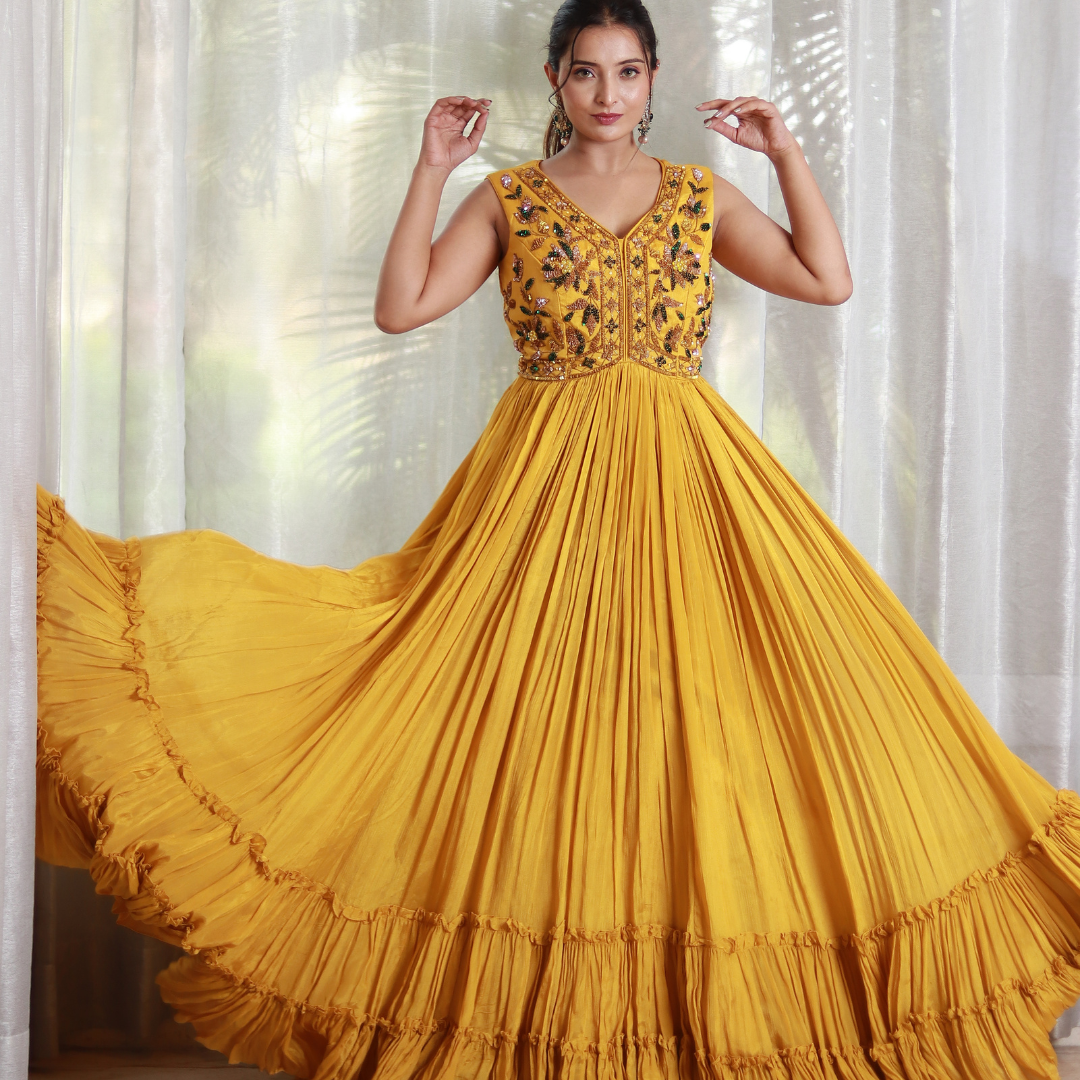 Designer Hand Embroidered Yellow Flared Dress with Jaal Pattern – House of  Fakir Chand