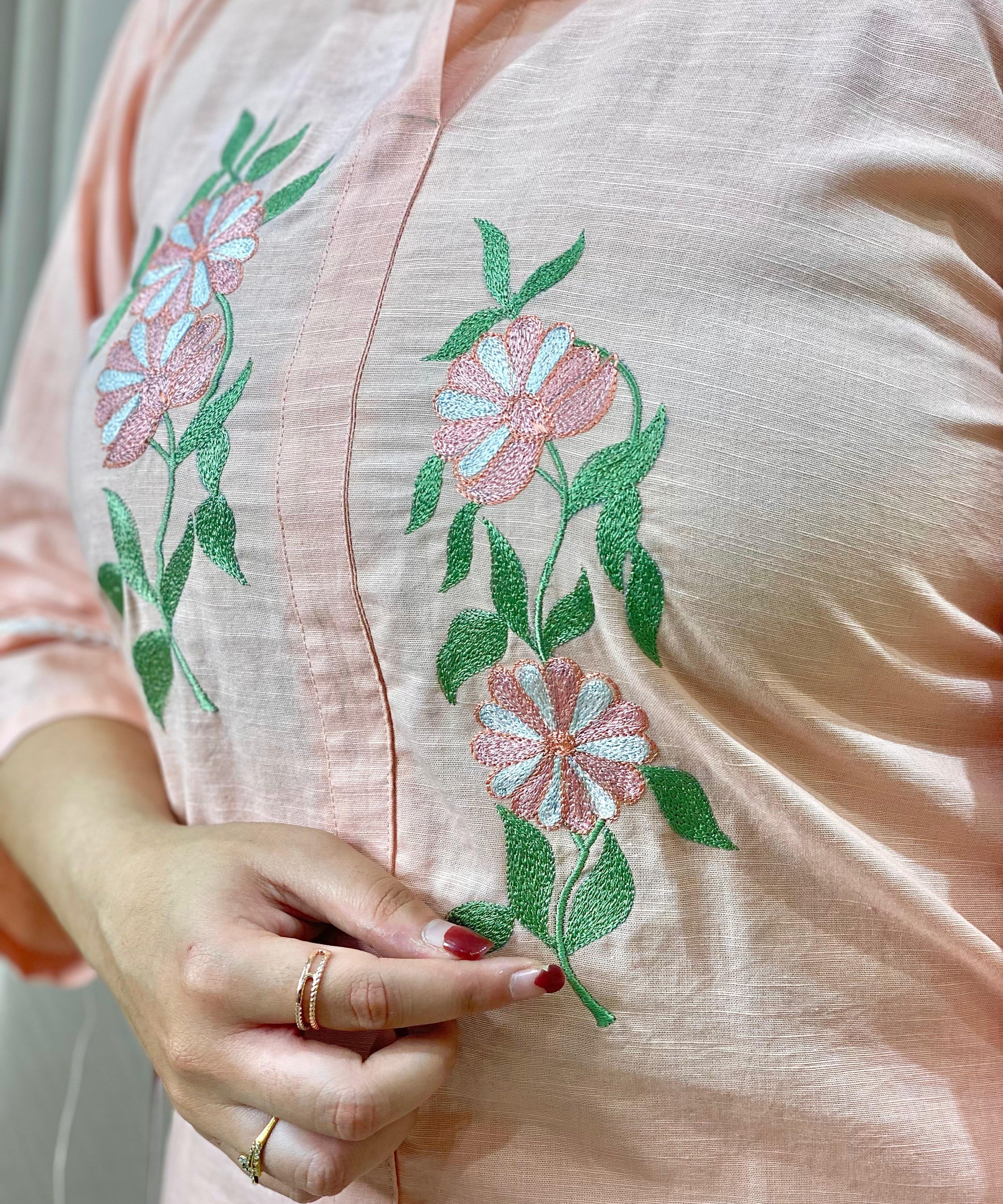 Embroidered linen pink coord set