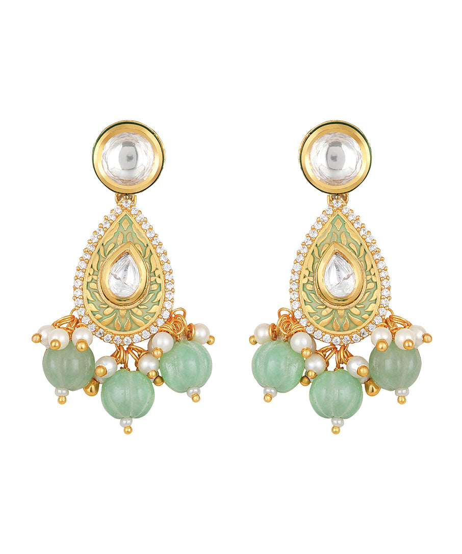 Golden and Mint Green Kundan Polki Earrings