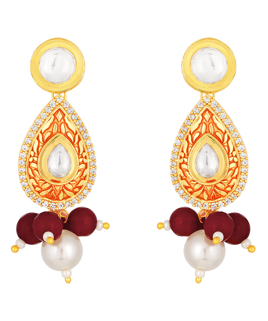 Golden, Red Kundan Polki Earrings