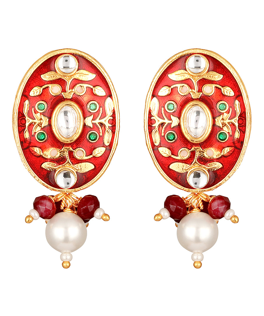 Golden, Red Kundan Polki, Shell Pearls Earrings