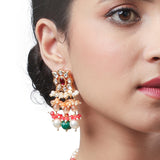Golden, Green and Red Kundan Polki, Shell Pearls Earrings