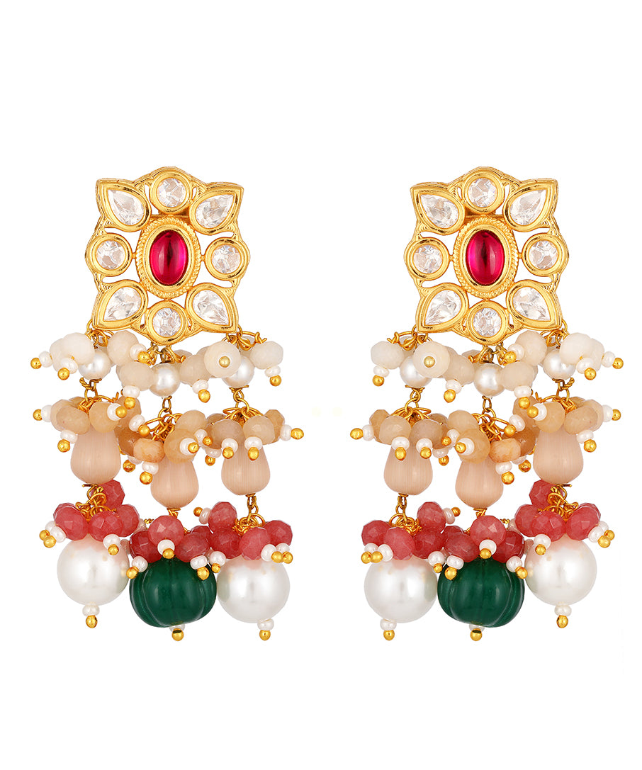 Golden, Green and Red Kundan Polki, Shell Pearls Earrings