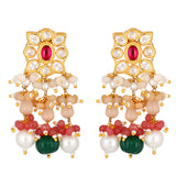 Golden, Green and Red Kundan Polki, Shell Pearls Earrings