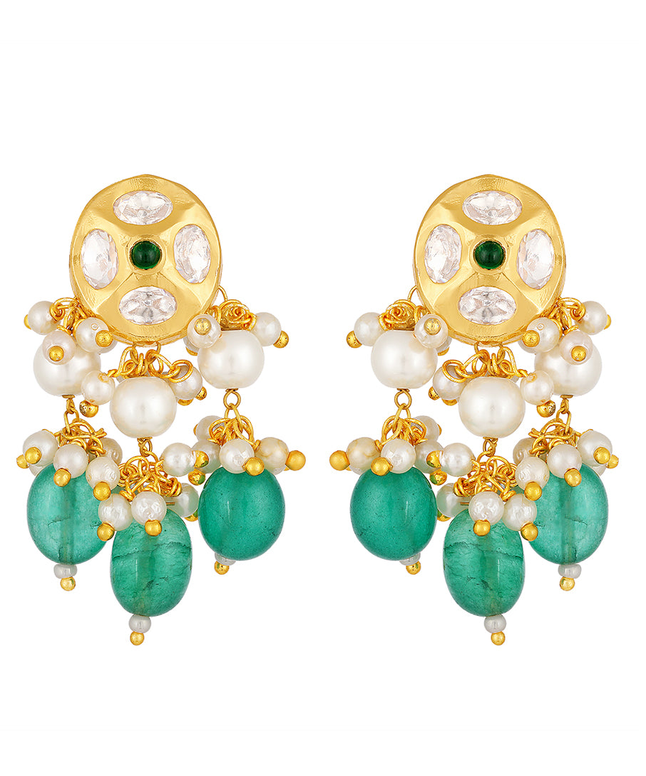 Golden, Green, Creme, White , Kundan Polki, Earrings