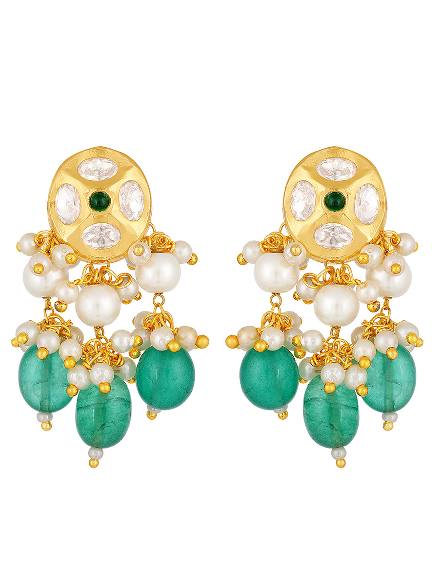Golden, Green, Creme, White , Kundan Polki, Earrings