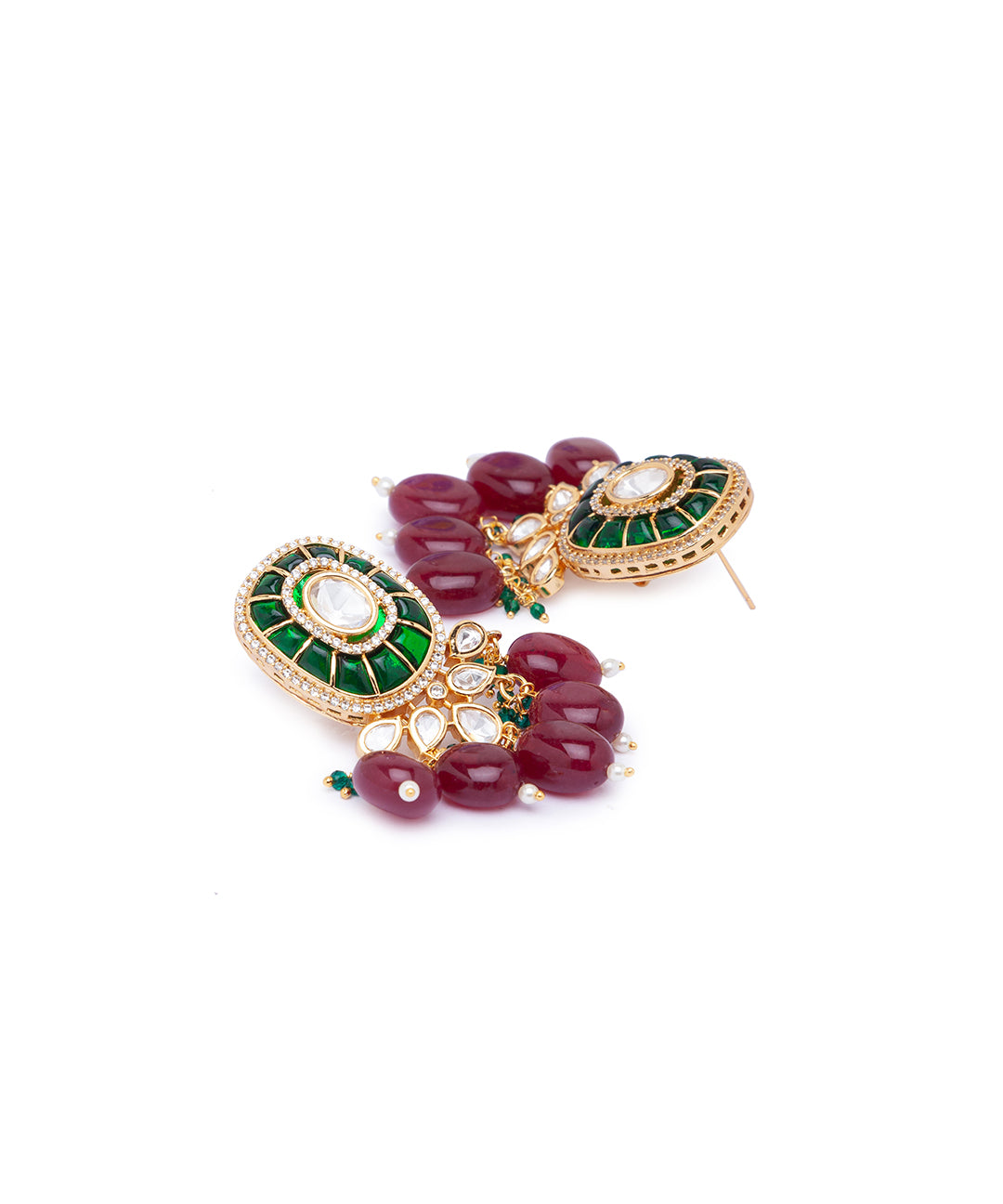 Maroon Green Gold Tone Kundan Earrings with Onyx