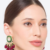 Maroon Green Gold Tone Kundan Earrings with Onyx