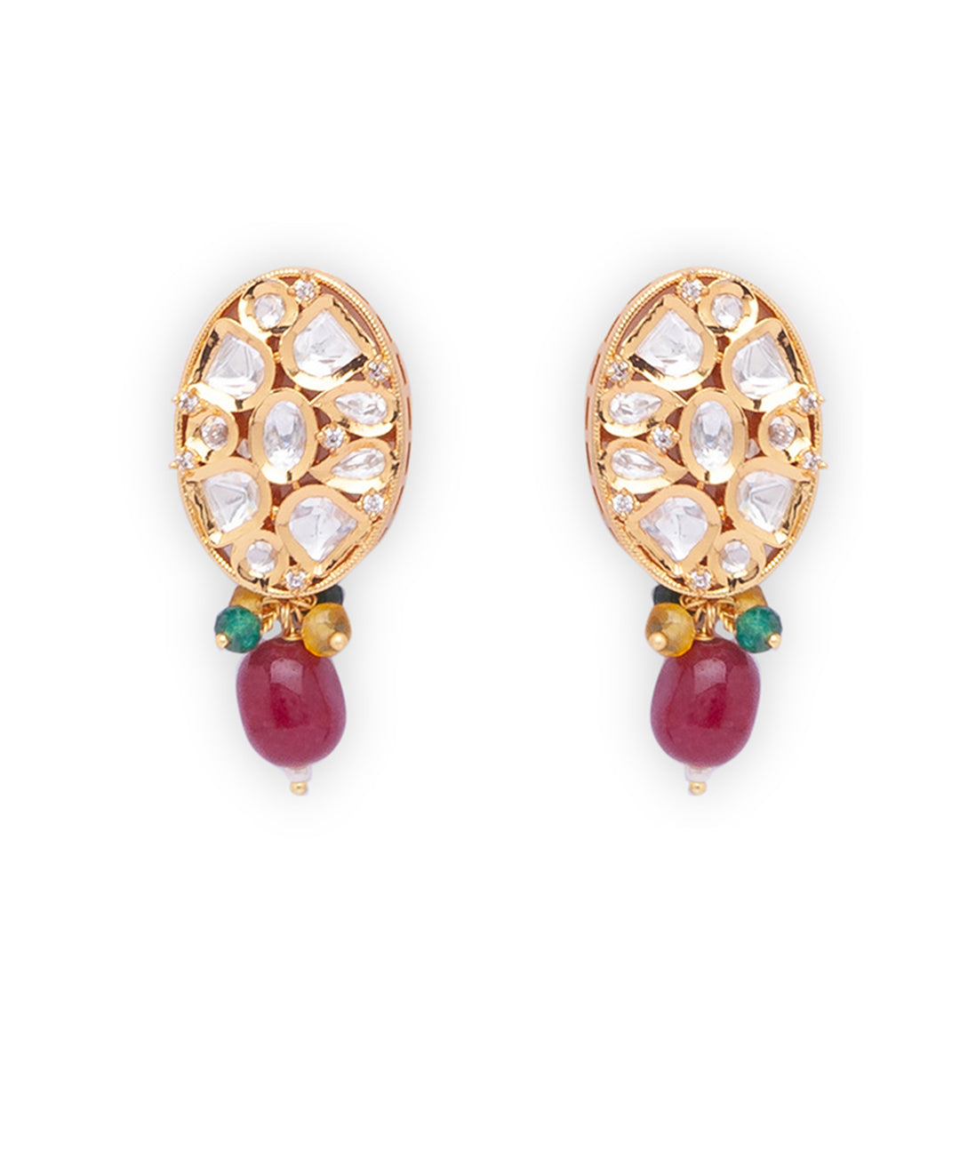 Maroon Gold Tone Kundan Earrings with Onyx