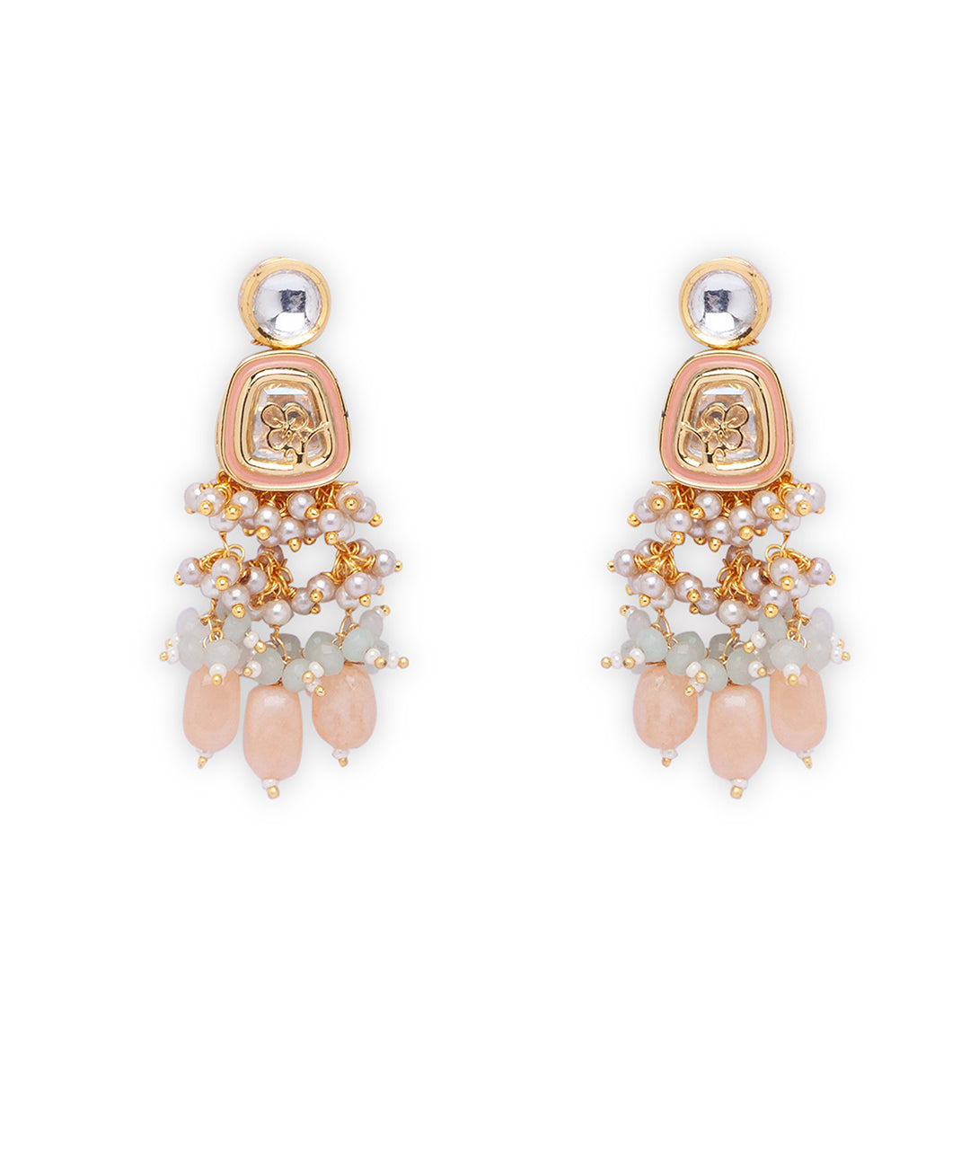 Pink Green Gold Tone Kundan Earrings with Onyx