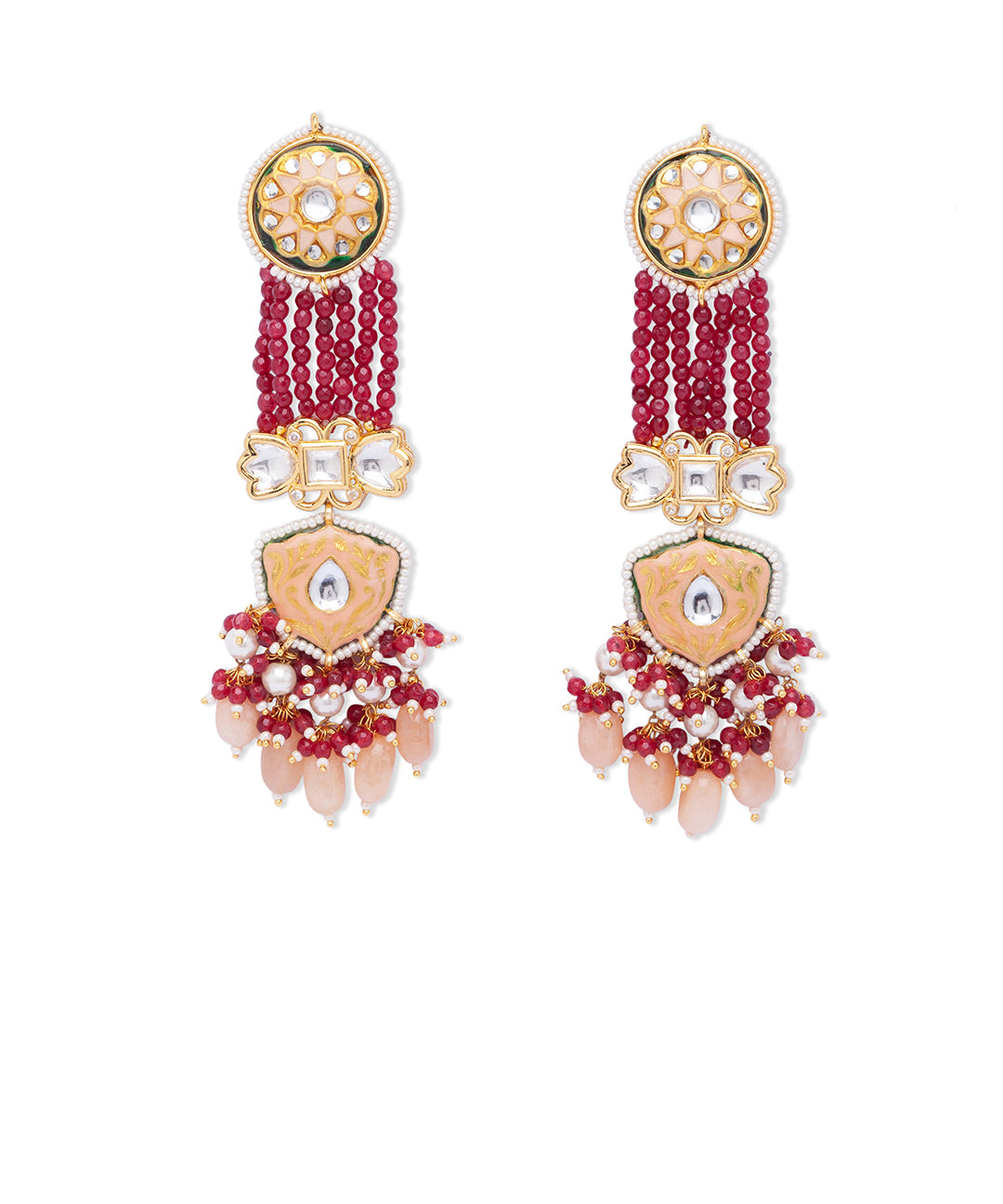 Maroon Gold Tone Kundan Meenakari Earrings with Onyx