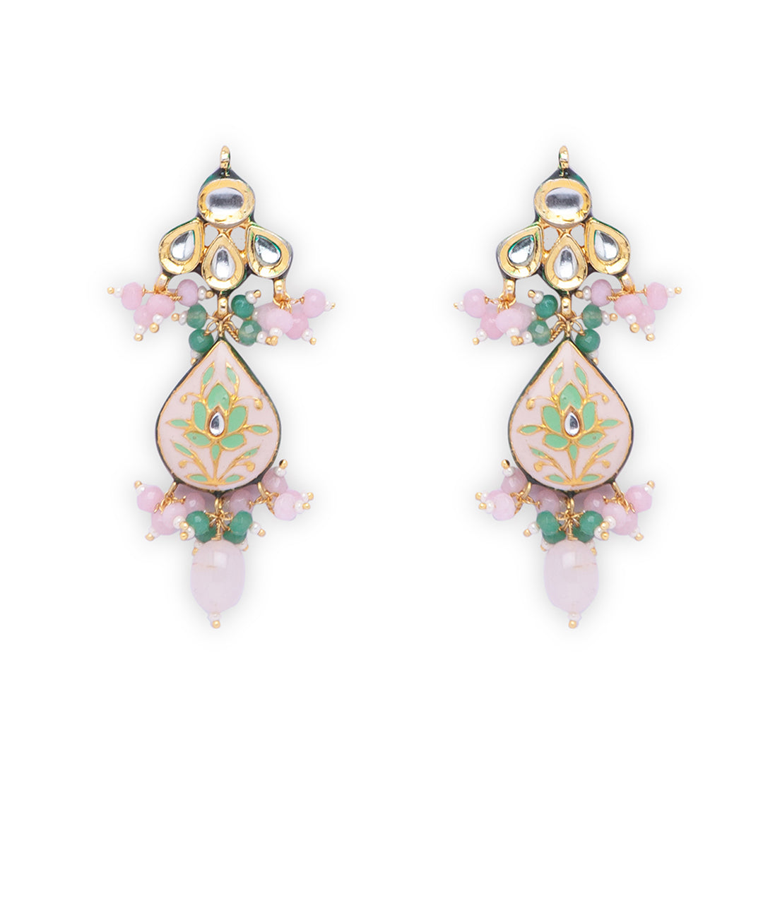 Pink Green Gold Tone Kundan Meenakari Earrings with Onyx