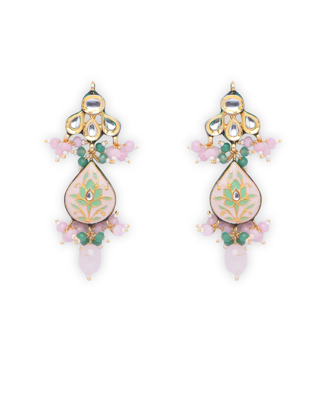Pink Green Gold Tone Kundan Meenakari Earrings with Onyx