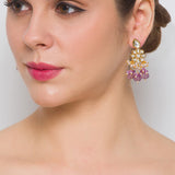 Golden and Light Purple Kundan Earrings with Onyx