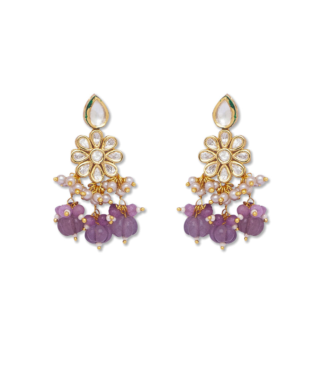 Golden and Light Purple Kundan Earrings with Onyx