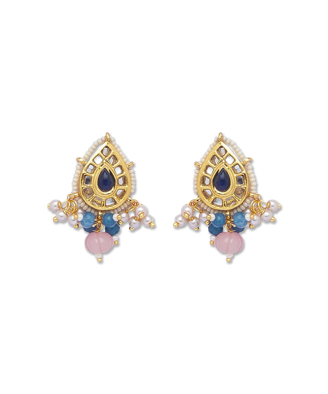 Golden, Blue and Light Pink Kundan Earrings with Onyx