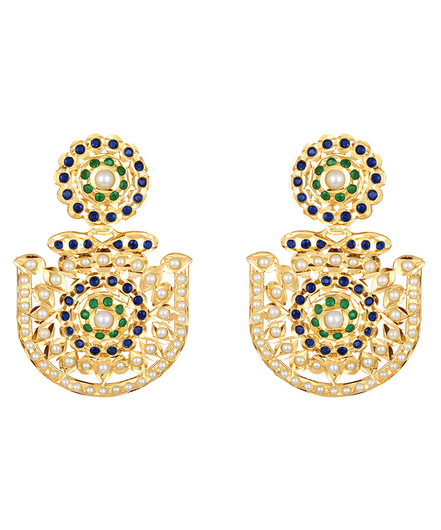 Golden, Green and Navy Kundan Polki, Pearls, Earrings