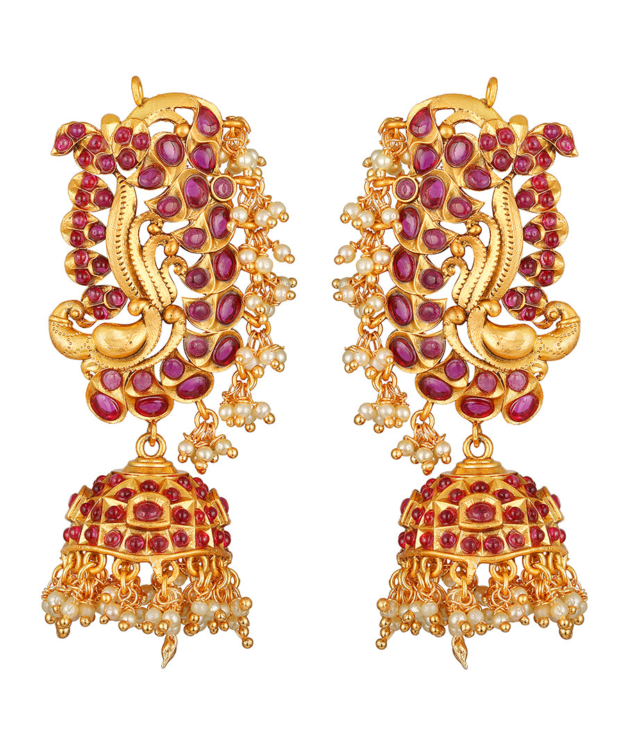 Micron Gold Polished Earring With Pearls, & Maroon Coloured Polki Stones.