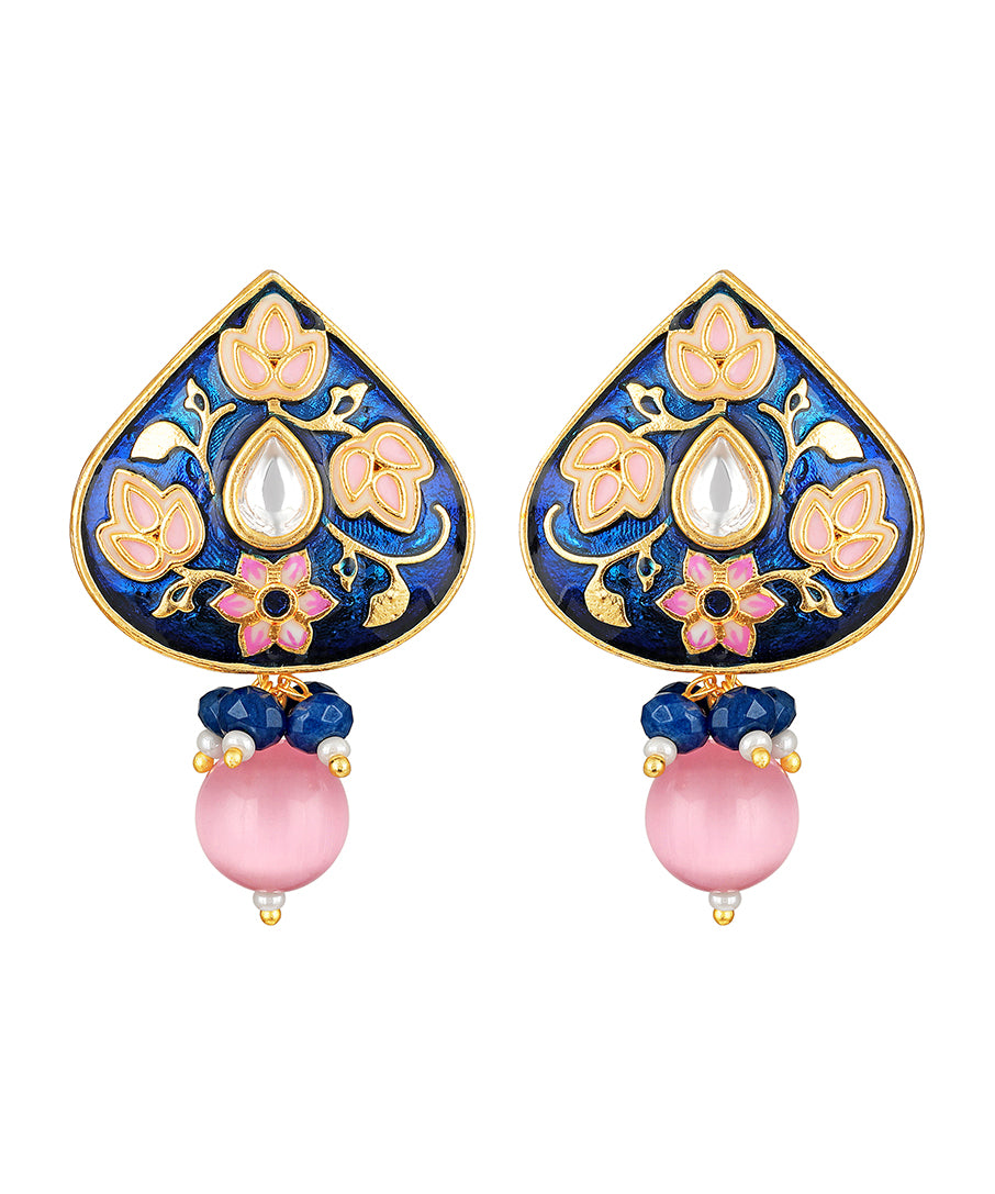 Golden, Pink and Green Hand-paint Meena earring