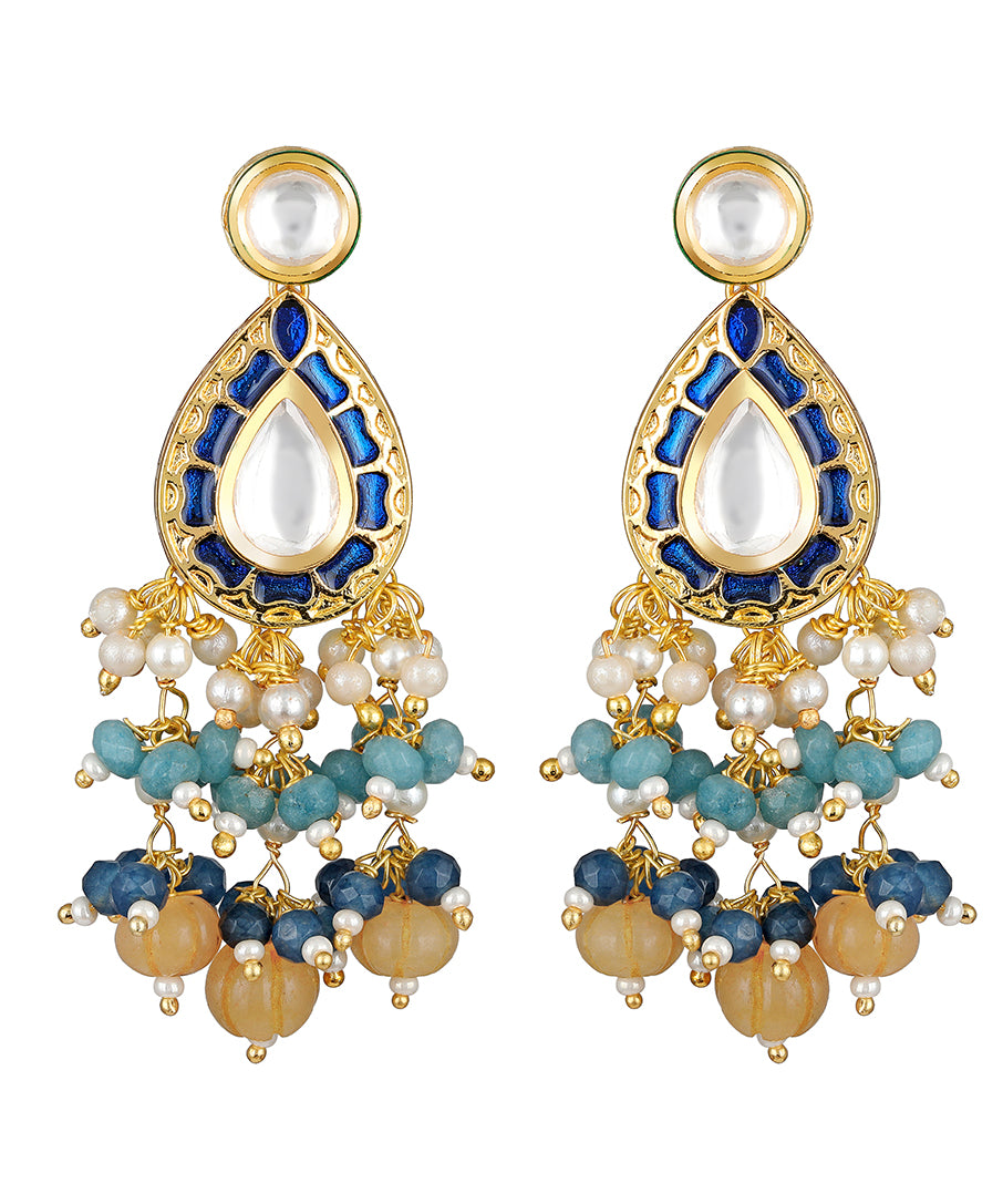 Golden, Navy and  Light Blue Kundan Polki Earrings