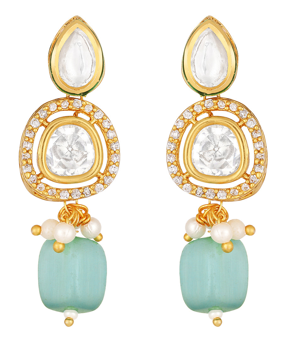 Golden and Light Blue Kundan Polki Earrings