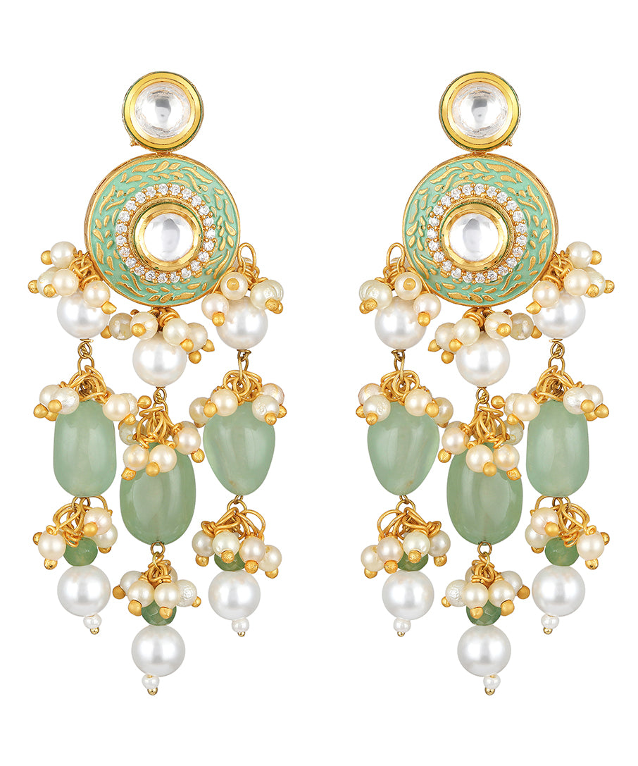 Golden and Mint Green Kundan Polki Earrings