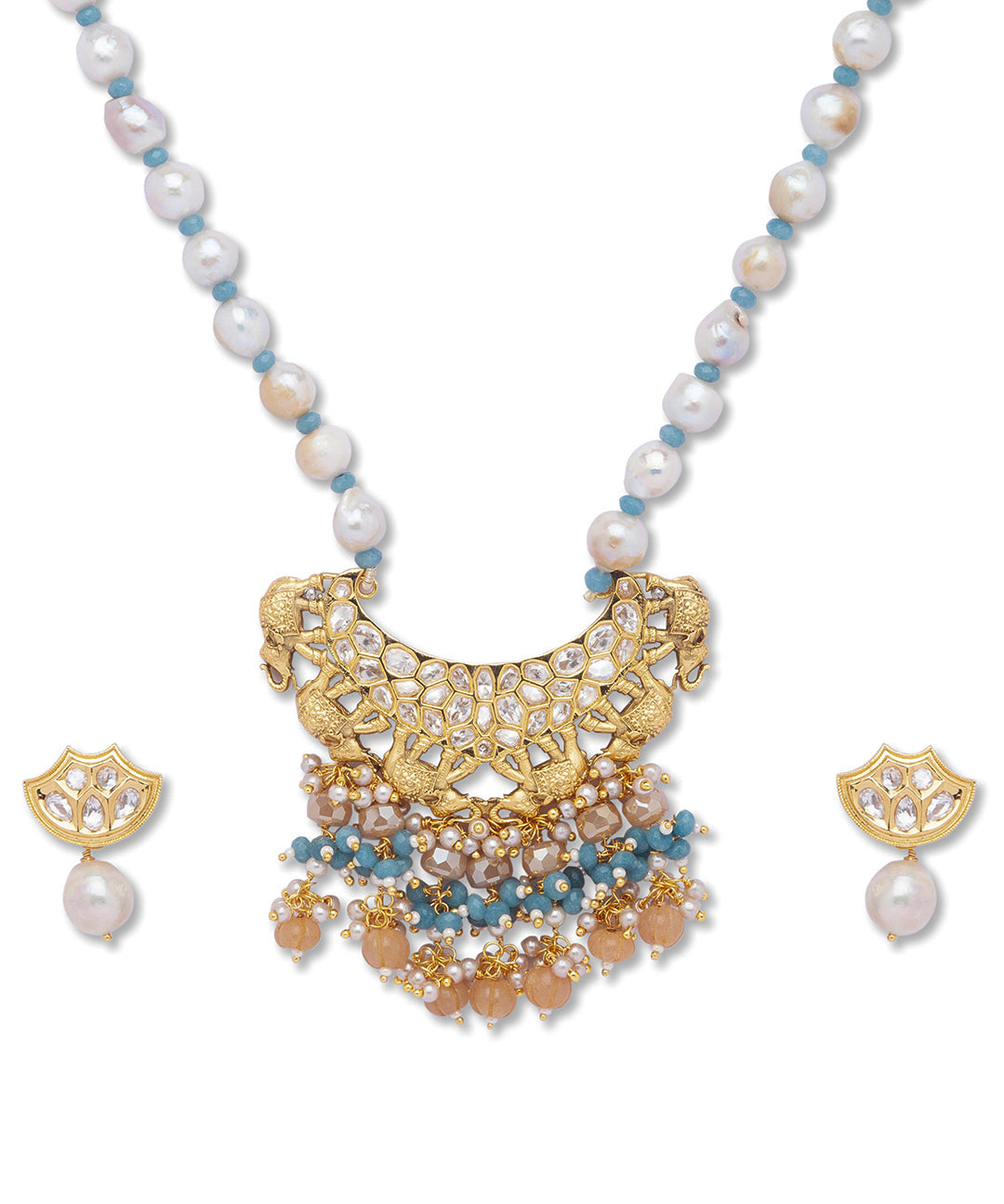 Golden, Pearly White, Blue, Kundan Polki, Necklace Set