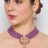 Golden, Light Purple, Kundan Polki, Necklace Set wiyh Onyx