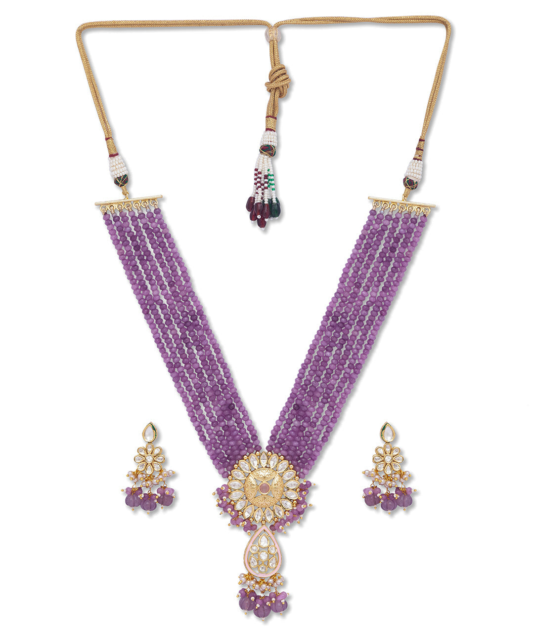 Golden, Light Purple, Kundan Polki, Necklace Set wiyh Onyx