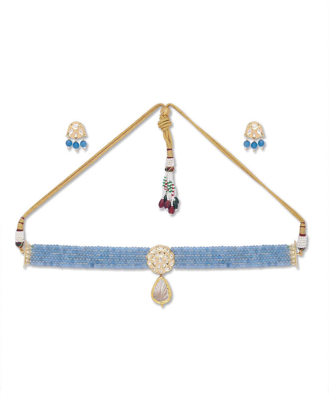 Golden, Sky blue Kundan Polki Agates, Nacklaces