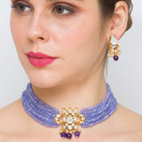 Golden, Darl Lilac, Purple, Kundan Polki Brass, Necklace Set